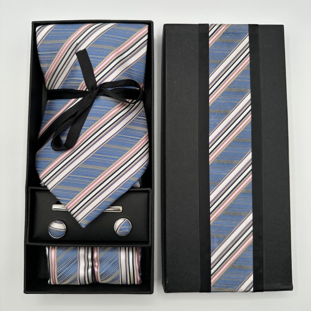 Handmade Italian 100% Silk Tie Set Blue Stripe Necktie Cufflinks Tie Clip Square